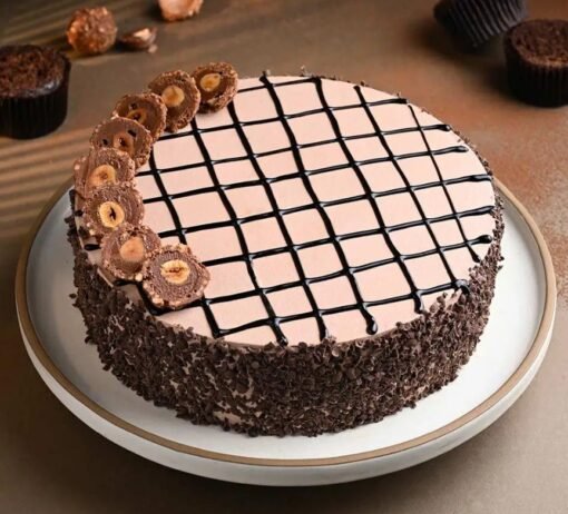 Ferrero Rocher Chocolate Cake with hazelnut decoration – perfect for birthdays and special occasions.