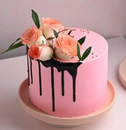 Floral Enchanting Pink Rose Cake with pink rose accents, ideal for weddings and celebrations