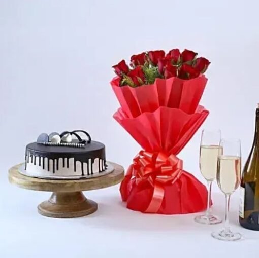 Scarlet Roses & Chocolate Cake Combo featuring a bouquet of fresh red roses and a decadent chocolate cake, perfect for gifting.
