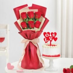 Elegant bouquet with a scrumptious cake – a perfect gift for anniversaries, birthdays, and romantic surprises.