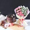 Elegant pink flower bouquet with a delectable hazelnut cake, perfect for birthdays, anniversaries, and special celebrations.