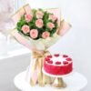 Beautiful rose bouquet with a delicious cake – the perfect combo for romantic surprises, anniversaries, and special moments.