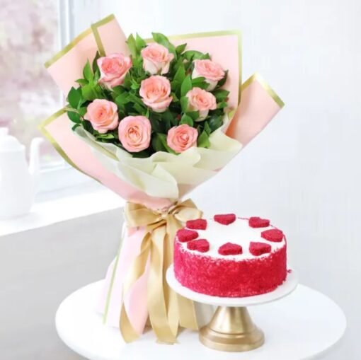 Beautiful rose bouquet with a delicious cake – the perfect combo for romantic surprises, anniversaries, and special moments.