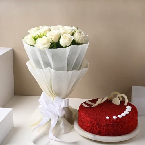 Elegant White Serenade Roses & Velvet Love bouquet, featuring pristine white roses and lush velvety blooms, perfect for romantic and special occasions.