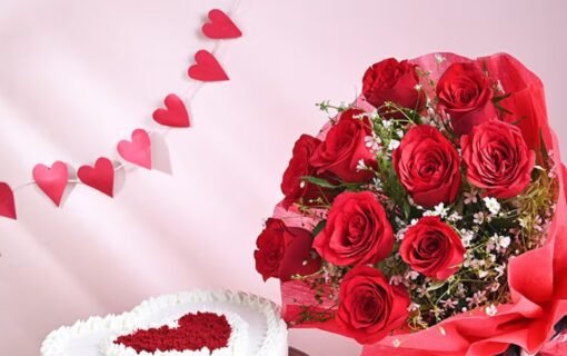 A luxurious bouquet of velvet roses paired with a heart-shaped cake, perfect for romantic celebrations and heartfelt surprises.