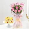 Elegant rose bouquet with a delectable Rasmalai cake – a luxurious gift combo for special celebrations and sweet surprises.