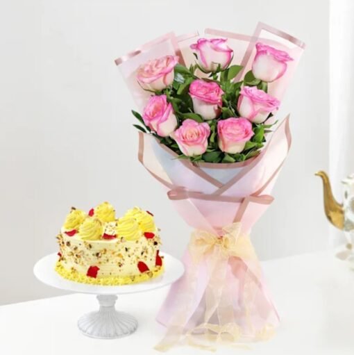 Elegant rose bouquet with a delectable Rasmalai cake – a luxurious gift combo for special celebrations and sweet surprises.