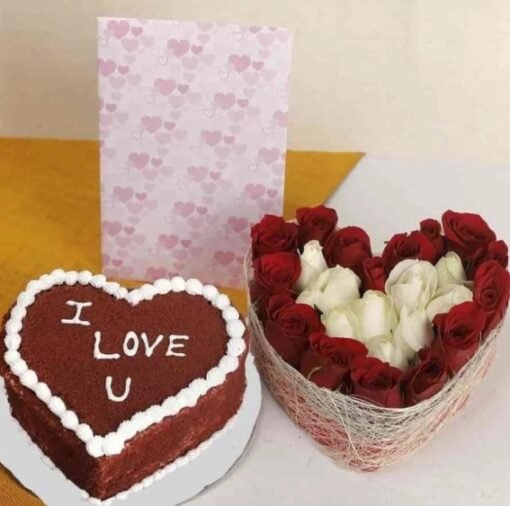 A lavish arrangement of vibrant roses paired with a delicious cake, ideal for special celebrations and heartfelt moments.