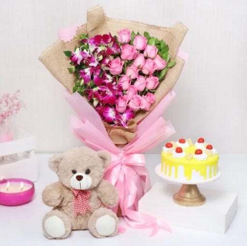 Elegant Roses & Orchids with a delectable pineapple cake, perfect for celebrations, gifting, and making special moments unforgettable.
