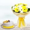 Colorful tropical flowers with a delectable cake, a perfect gift combo for birthdays, anniversaries, and special celebrations.